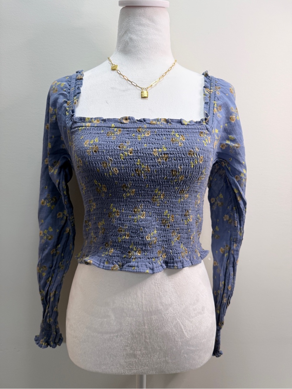 Aerie Smocked Square-Neck Floral Top - Blue Size S